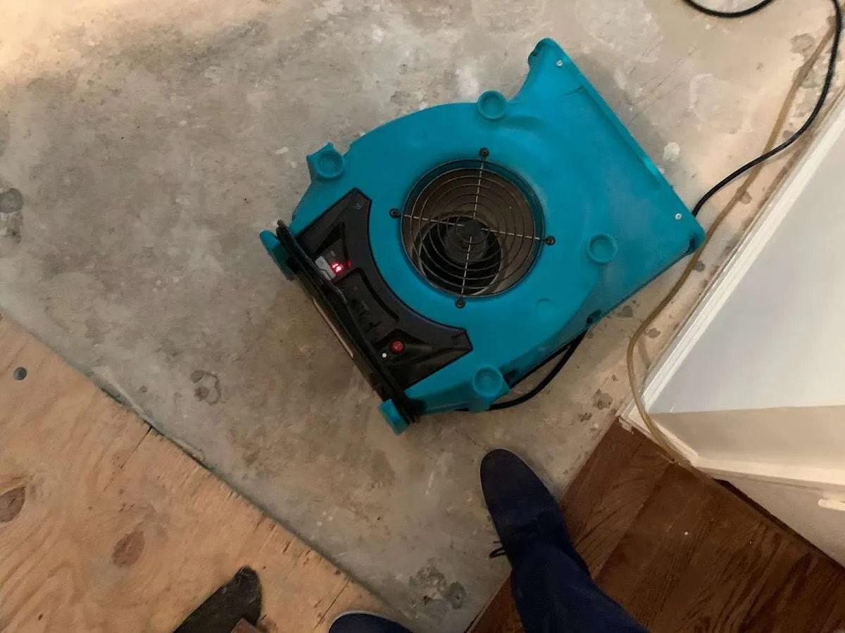 Air mover drying subfloor during Commercial Water Damage Restoration in Millbury